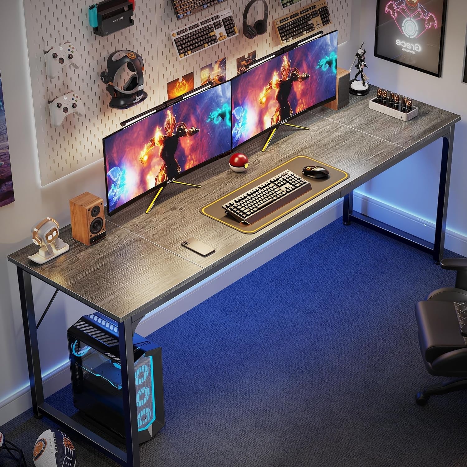 Computer Desk, 80 Inch Office Desk, Gaming Desk with Storage, Writing Desk Work Desk for Home Office, Study, Long Simple Desk, Large Legroom, Metal Frame, Grey