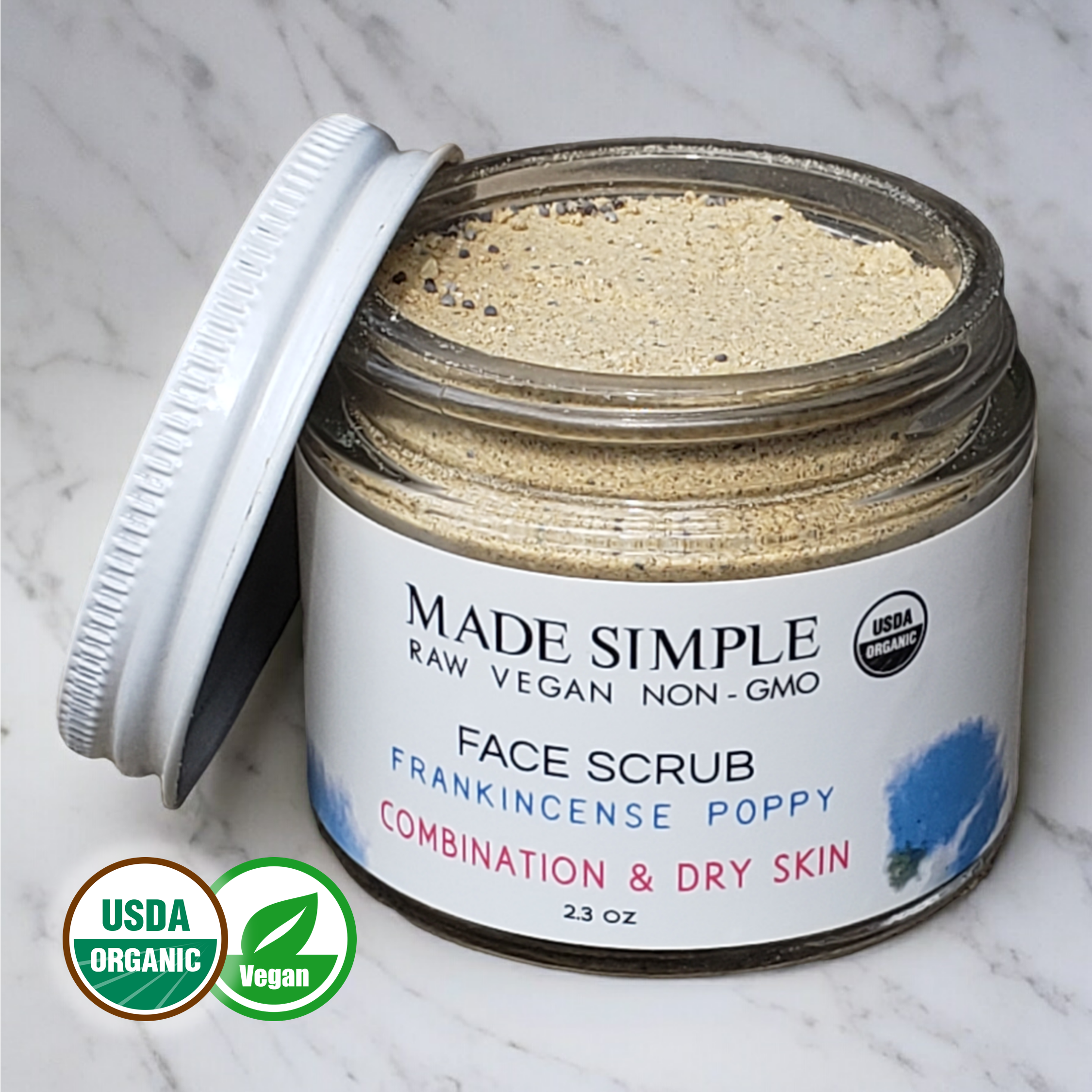 Frankincense Poppy Seed Face Scrub for Combination/Dry Skin - Certified Organic, Vegan &amp; Cruelty-free