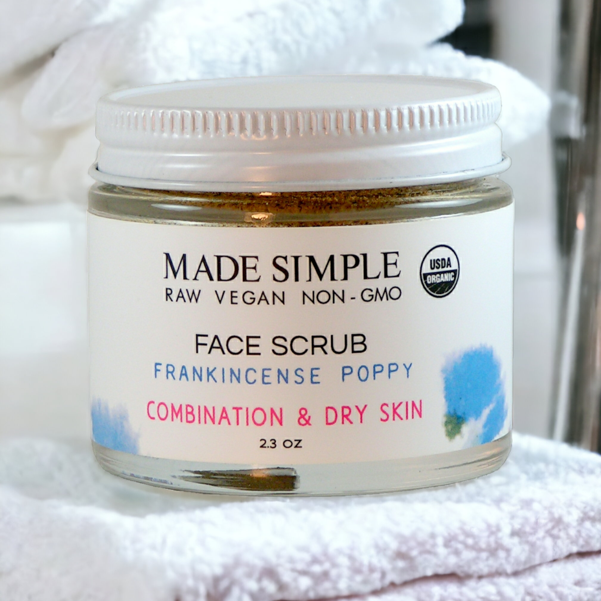 Frankincense Poppy Seed Face Scrub for Combination/Dry Skin - Certified Organic, Vegan &amp; Cruelty-free